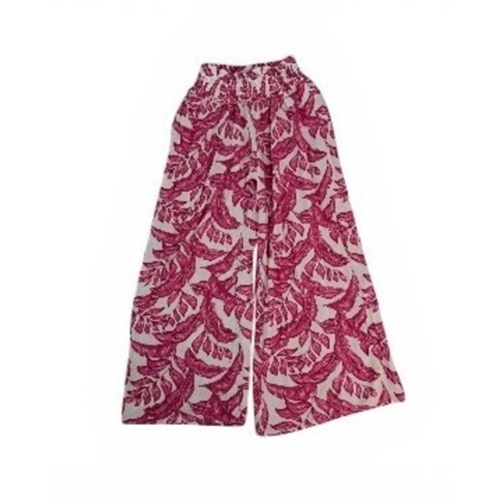 Caribbean Joe Pink Tropical High Waist‎ Elastic Flowy Palazzo Trousers